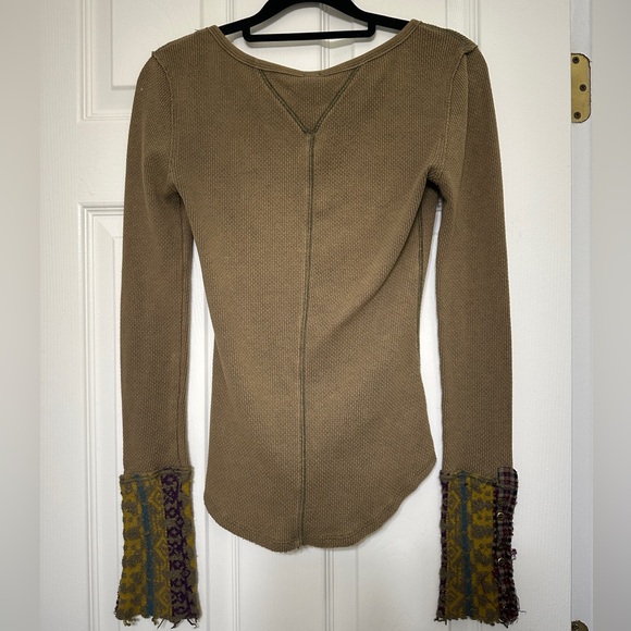 We The Free Olive Long Sleeve Waffle Thermal Top with Patterned Cuffs - Picture 3 of 5